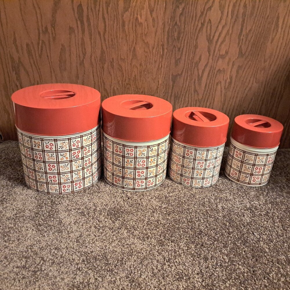 Vintage Japan Metal Nesting Canister Set of 4,Floral GHC Japan Red/Burnt Orange